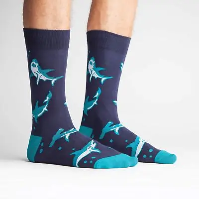 NEW Sharks On Men's Dark Blue Crew Socks By Sock It To Me Shark Attack 1205A • $10.99