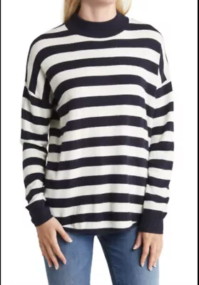 NWT Madewell Ashbury  Blue White Stripe Mock Neck Sweater Merino Wool Blend XS • $19.50