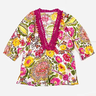 Monique Leshman Women’s Blouse Top Boho Floral Tunic Pom Pom V-neck S • $4.99