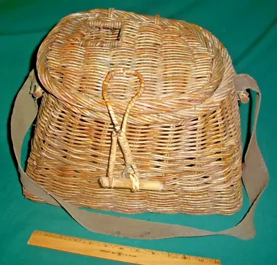 Antique Wicker Fishing Creel Basket W/Canvas Shoulder Strap - 15  X 10  X 11  • $42