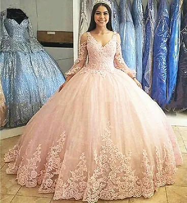 $139.99 • Buy Lace Applique V-Neck Quinceanera Dresses Sweet 16 Beaded Prom Party Pageant Gown