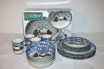 TIENSHAN CABIN IN THE SNOW Folkcraft 2366 16 Pcs 4 Pc Plc Set Serv For 4 W/Box • $56.99