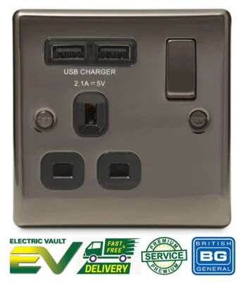 £14.99 • Buy BG Nexus NBN21U2B Polished Black Nickel USB Single Socket 1 Gang Black 2 Ports 