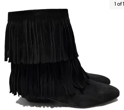 Yves SAINT LAURENT BLACK SUEDE FRINGED 'TITI 25' BOOTS 39.5 $1875 • $300