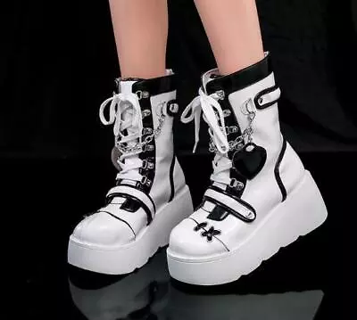 Womens High Wedge Ladies Heel Platform Goth Punk Shoes Mid-calf Boots Round Toe • $46.82