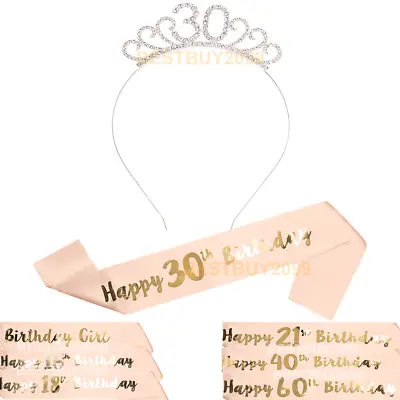 Happy Birthday Sash Tiara Set 16/18/21st/30/50/60th Girl Crown Rose Gold Party • £6.59