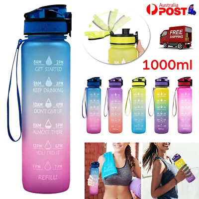 1-3x 1L Water Bottle Motivational Drink Flask Time Markings BPA Free Sport Gym • $21.17