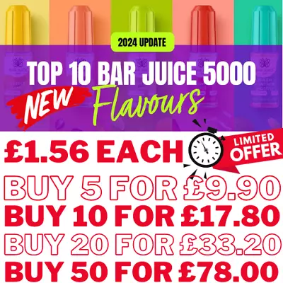 BAR JUICE 5000 Nic Salt 10mg / 20mg Vape Juice 50/50 VG/PG NEW FLAVOURS ADDED • £1.98