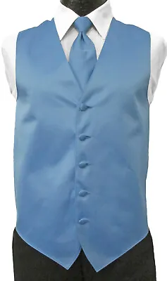 New Men's Light Blue Satin Tuxedo Vest & Choice Of Tie Cornflower Wedding Prom  • $8.99