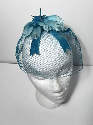 Vintage 50s Women's Fascinator Hat Easter Hairpiece Turquoise Velvet Silk Floral • $24.99