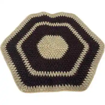 Vintage Rug Brown Beige Hexagon Crochet 19  Doily Mat Floorcloth Acrylic Yarn  • $33.25