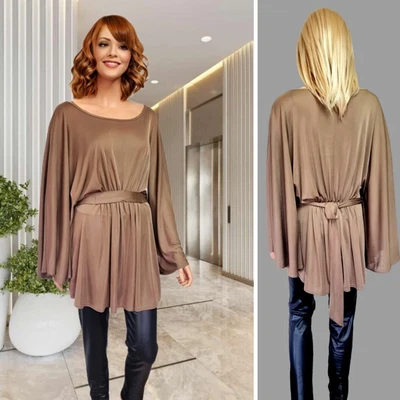 £13.99 • Buy Topshop Top Size 14 Mink / Khaki Stretch Jersey Kimono Sleeve Belted Tie Back#18