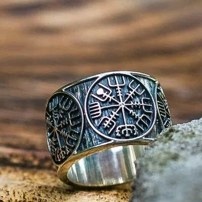 Fashion Men Norse Viking Axe Compass Vegvisir Ring Men Stainless Steel Size 8-13 • $3.32