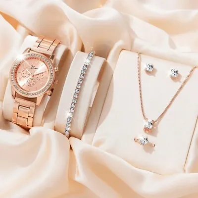 Watch Gift Set For Women 5 Piece Rose Crystal Bracelet Earrings Necklace Ring  • £7.99