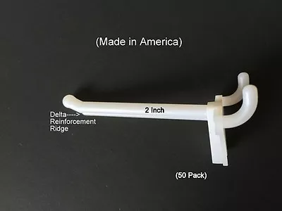 (50 PACK)  2 Inch White Plastic Peg Hooks For 1/8  To 1/4  Pegboard  USA Made • $11.72