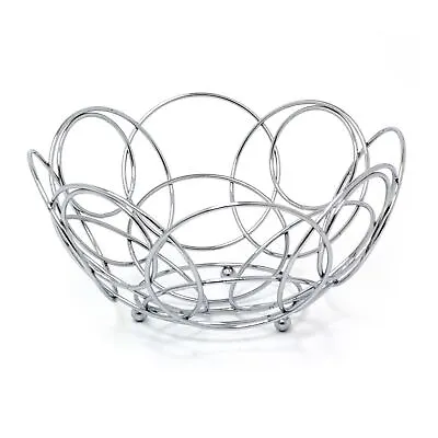 Chrome Round Wire Fruit Bowl | Large Silver Metal Kitchen Fruit Basket - 26cm • £10.99