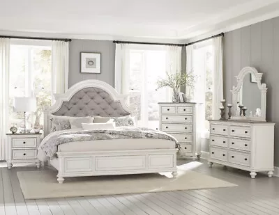 4 Pc Tufted Antique White King Bed N/s Dresser Mirror Bedroom Furniture Set • $1999