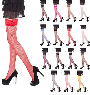 £3.99 • Buy Sexy Ladies Fishnet Hold Up Stockings With Lace Top - 15 Various Colours