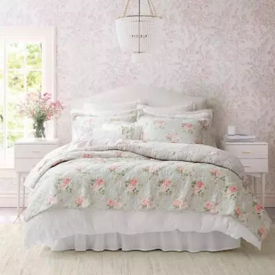 Laura Ashley Quilt Set 3-Pcs Cotton Machine Wash Floral Pattern Full/Queen Size • $92.21