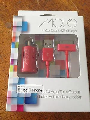 MOVE IN-CAR DUAL USB CAR CHARGER 2.4amp RED+30PIN PICKUP WELCOME            ER1 • $18