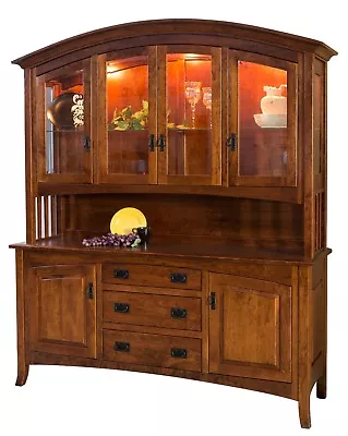 Amish Arts & Crafts Hutch China Cabinet 4-Door Arched Solid Wood Cambria 72  • $6199