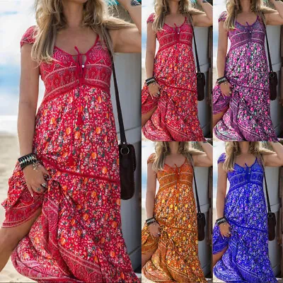 $19.66 • Buy Womens Summer Beach Boho Sun Dress Ladies Holiday V Neck Maxi Dress67