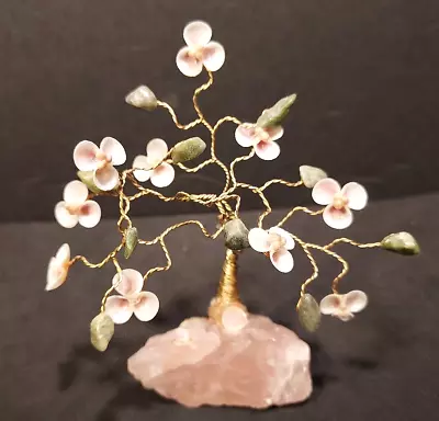 Pink Stone Base Japanese Ming Tree Of Life Shell Flowers Jade Leaves Copper Wire • $24.95