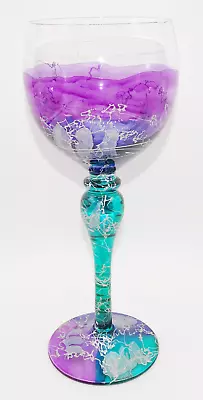 Wine Glass Hand Painted Abstract Art Multi Color Blue Purple Green Silver • $9.99