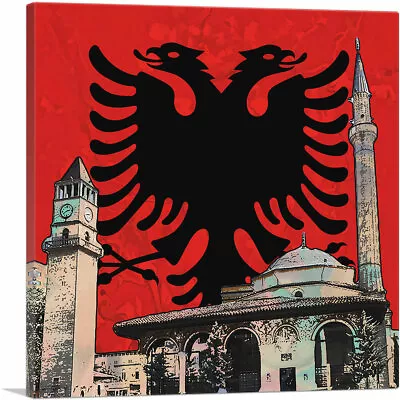 Et'hem Bey Mosque Clock Tower Albanian Two-Headed Eagle Crest Canvas Art Print • $75.64