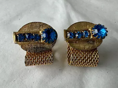 Marked  S  Inside A Circle Gold Tone Mesh Blue Crystal Vintage Cufflinks  (AP2V) • $9.99