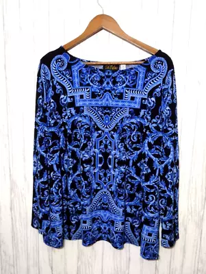 Bob Mackie Wearable Art Womens Blouse 2X Blue And Black • $24.95