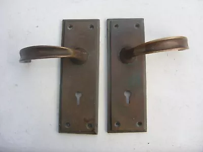 £30 • Buy Pair Bronze Door Handles On Rectangular Stepped Edge Backplates Circa 1920s