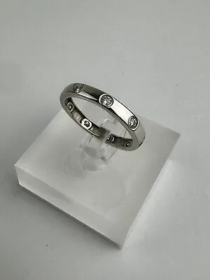 925. Solid Silver Clear Stoned  Band Ladies Ring Size UK T 1/2 Ship Worldwide • £24