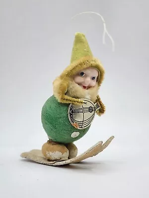 Vintage Spun Cotton Japan Gnome Skier Playing Banjo Christmas Ornament ~1950 • $4.99