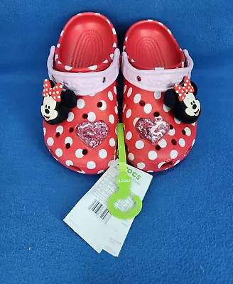 Disney Minnie Mouse Sparkle Heart Polka Dot Crocs Size J1 • $68.99