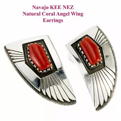 KEE NEZ Coral Earrings  Angel Wings  Sterling Silver Modern Modernist Navajo A+ • $76