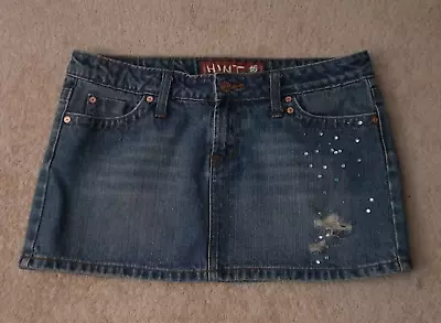 Denim Micro Mini Skirt HINT Distressed Bling Soft Flirty Rugged Size 7 30 X 11  • $15