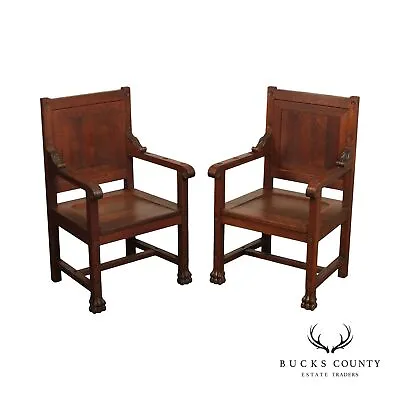 English Traditional Pair Of Carved Oak Wainscot Armchairs • $1195