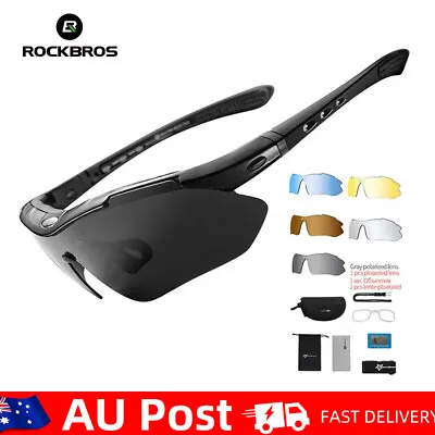 ROCKBROS Cycling Glasses Polarized UV400 Fishing Sport Sunglasses 5 Lenses Black • $24.49