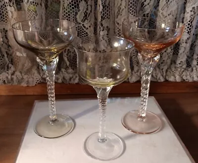 Lot Of 3 Vintage Twisted   Crystal Stemed Wine Cordial Glasses Pink & Beige Tint • $14.45