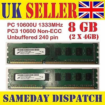 8GB DDR3 Desktop RAM (2 X 4GB) 10600U  1333MHz  240Pin UK Seller NON-ECC • £11.99