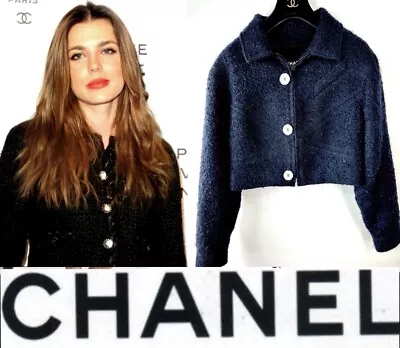 6K Chanel 2015 Blue Tweed Boucle Short Jacket 38 40 42 6 8 10 Coat Logo Button S • £987.87