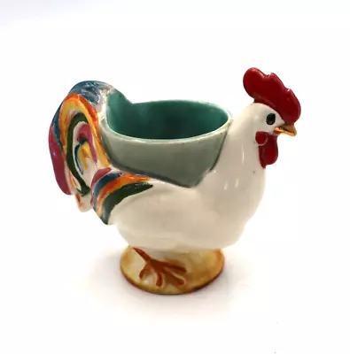 Vintage White And Multi-color Ceramic Rooster Egg Cup Rooster Has Gold Beak • $19.99