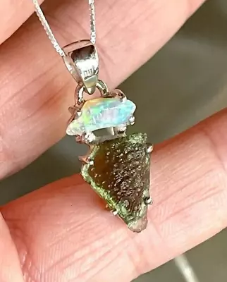 Genuine Rough Moldavite & Ethiopian Opal Pendant 925 Sterling Silver Jewelry • $40.19