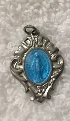 Vintage Catholic Miraculous Mary Blue Enamel Silver Tone Medal 1954 • $10