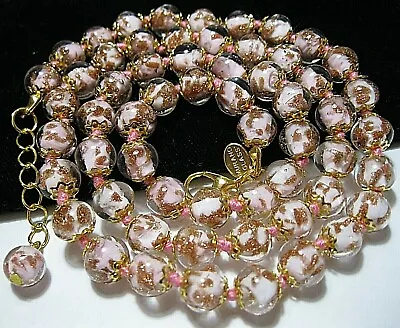 Pale Pink Venetian Murano Glass Gold Foil Bead Vintage Style 24  Long NECKLACE • $37.89