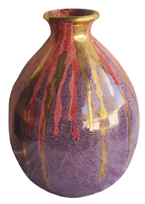 Mid Century Modern Italy Cracked Glaze Monumental Vase Drip Pottery Purple Gold • $385