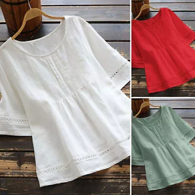 Women Cotton Linen Tunic Top Shirt Summer Casual Baggy Plain Blouse Plus Size 20 • £12.09