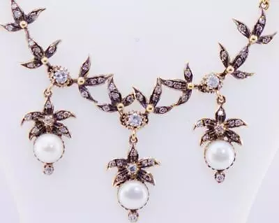 Antique Belle Epoque 18k Gold Diamond And Sea Pearls Necklace 16.5g Boxed • $7742.79