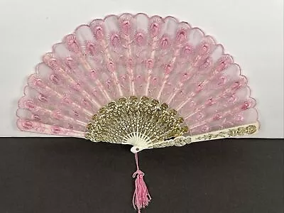 Pink Lace Pink Tassel Womens Fan Vintage Collectible Asian Motif 16-3/4  Span • $3.96